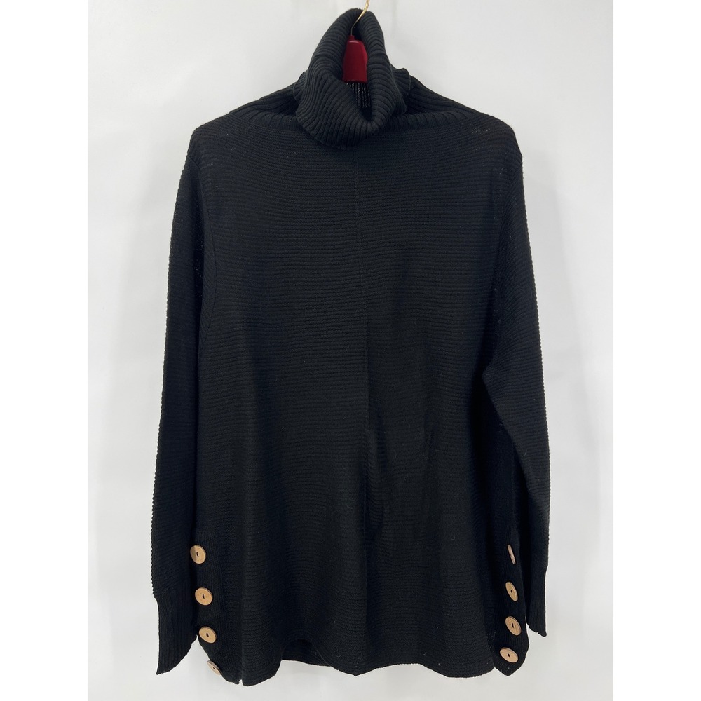 Norm Thompson Black Cowl Sweater Womens LRibbed Knit Side Button‎ Tunic Cozy